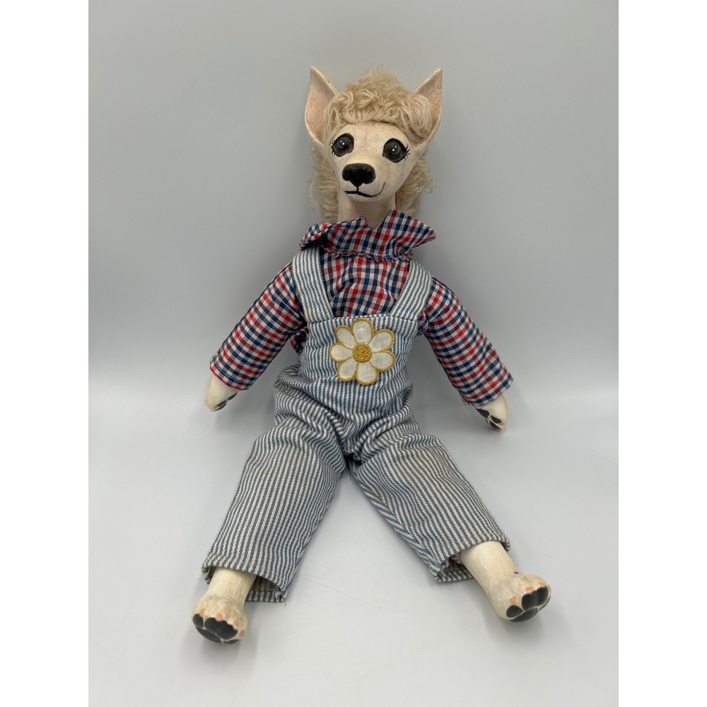 Vintage Handmade Anthropomorphic Dog Plush Daisy Overalls Plaid Shirt 1980s